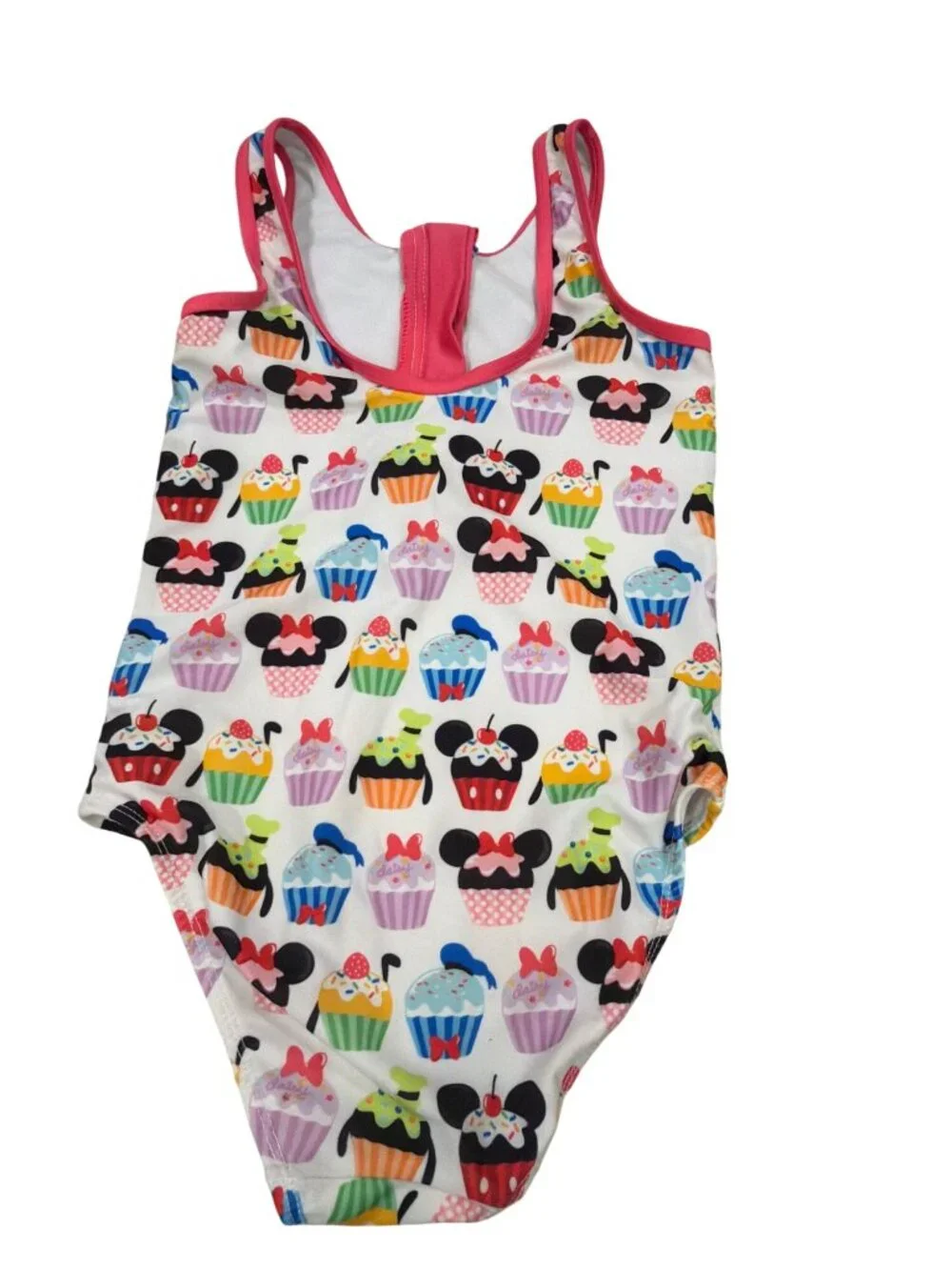 Disney Store Girls Minnie Mouse Cupcake Print One-Piece Swimsuit With Pink Trim